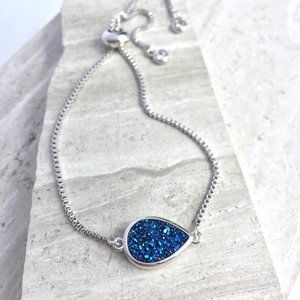 Blue Druzy Adjustable Chain Silver Bracelet
